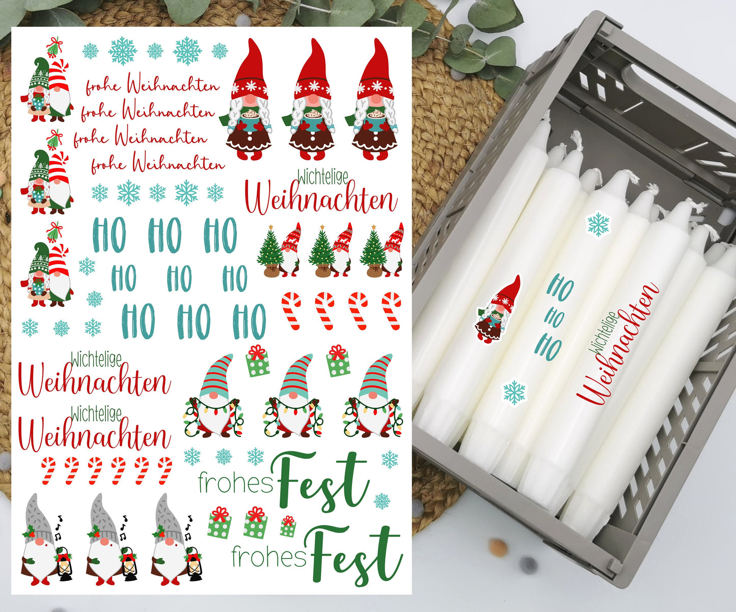 Kerzentattoos- frohe Weihnachten - Weihnachten - A4 oder A5 - Gnome bunt - Wasserschiebefolie