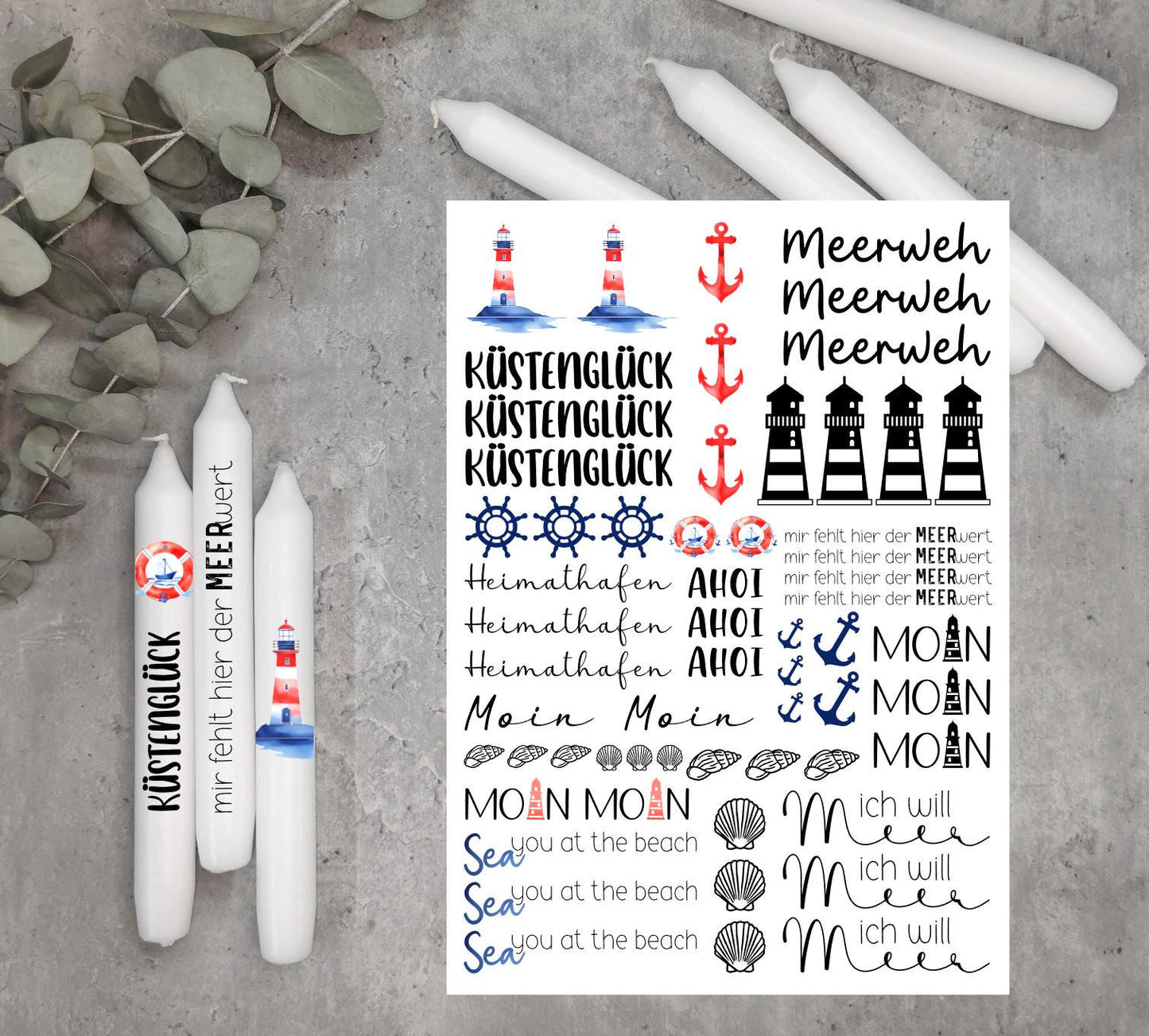 Kerzentattoos * Meerweh * A4 oder A5 * maritim * Wasserschiebefolie