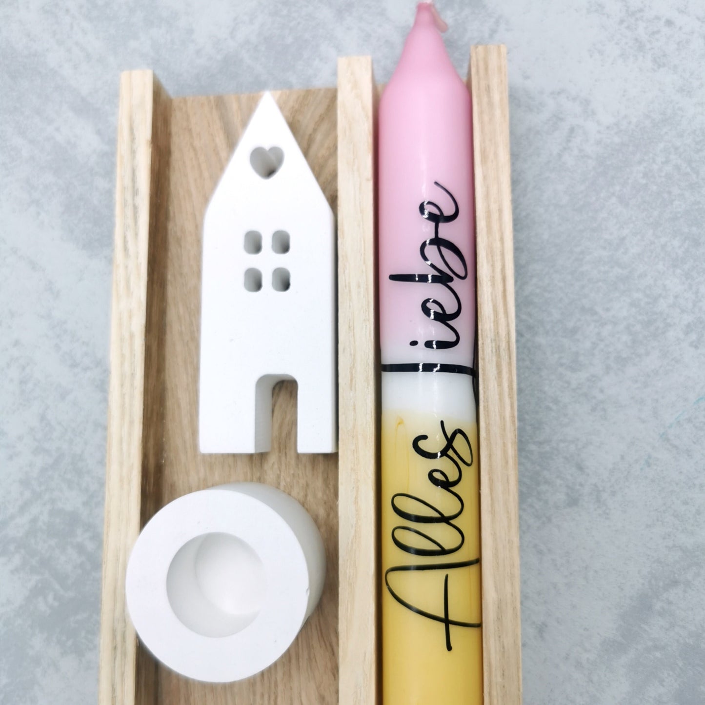 Geschenkset Alles Liebe * Geschenkidee * Dip diy Kerze * Kerzenständer & Lichthaus  * Holzklötzchen