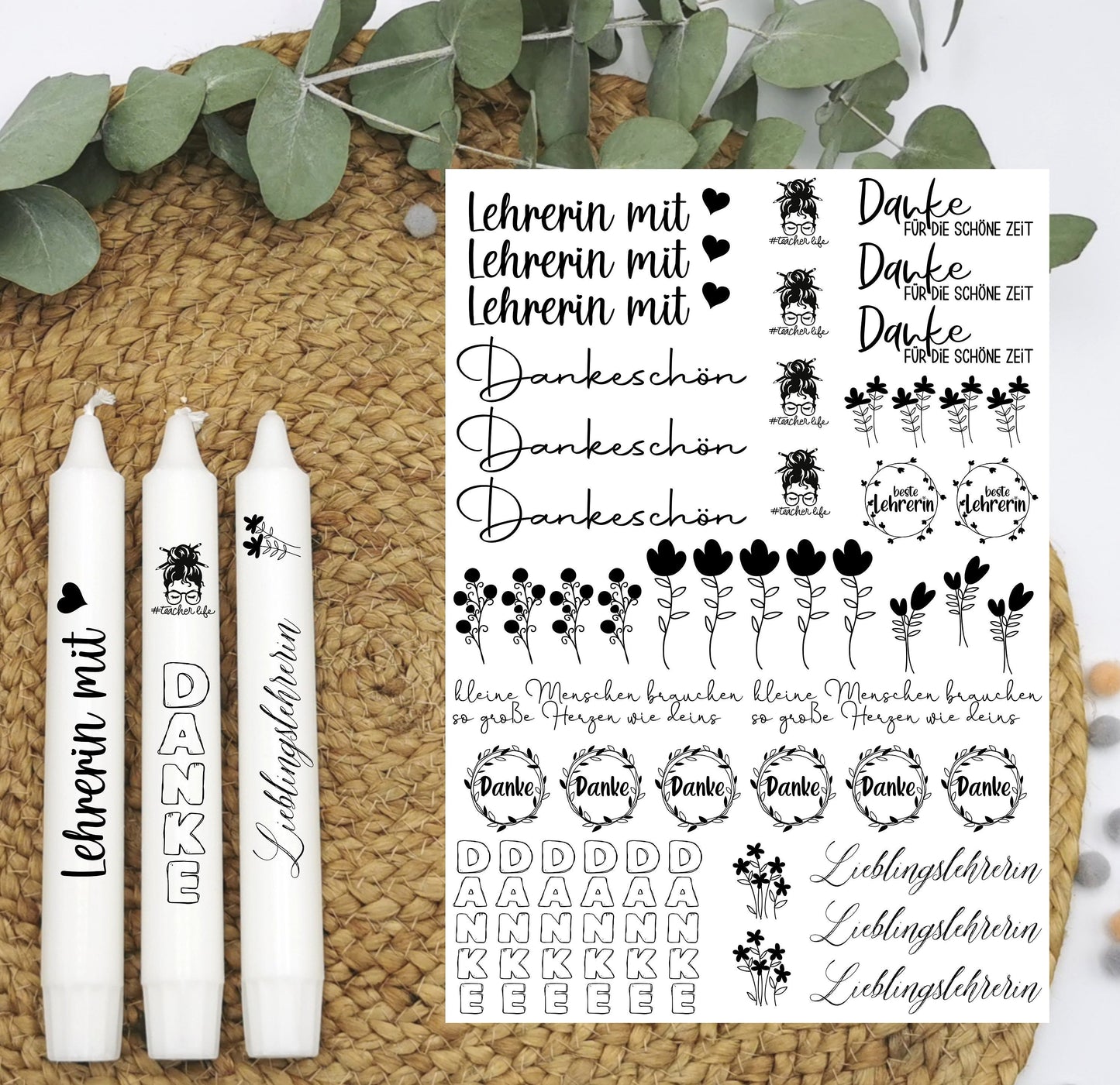 Kerzentattoos * Lehrerin mit Herz * A4 oder A5 * Danke * Wasserschiebefolie