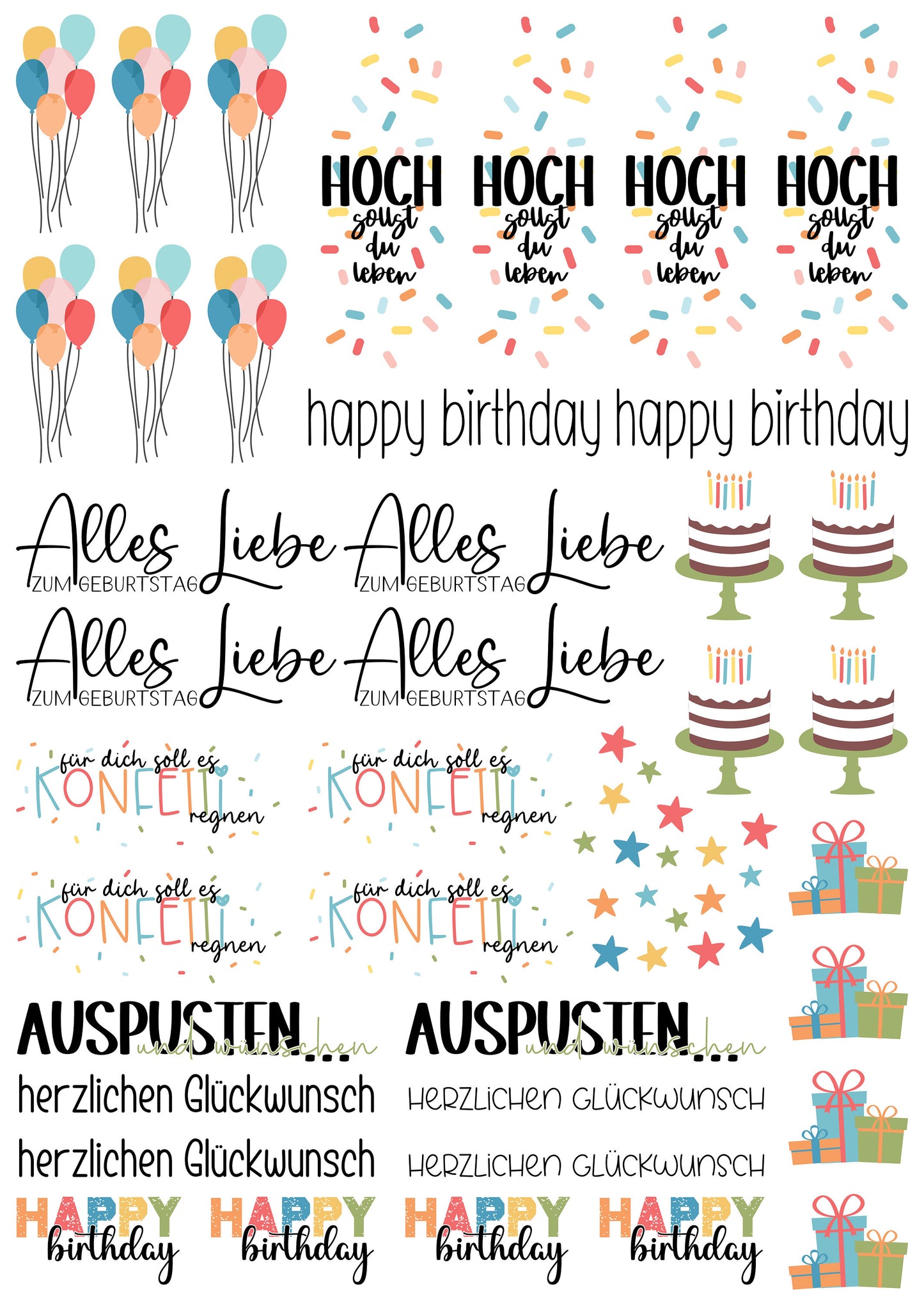 B-Ware Kerzentattoos Geburtstag Bunt A4/A5 - Einfache Wasserschiebefolie Mit Hoch Sollst Du Leben Motiv