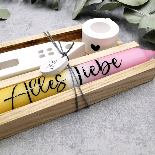 Geschenkset Alles Liebe * Geschenkidee * Dip diy Kerze * Kerzenständer & Lichthaus  * Holzklötzchen