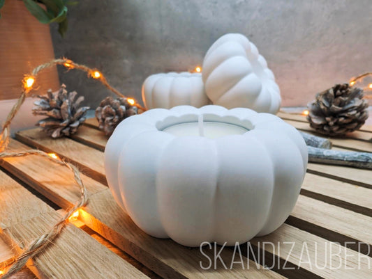 Kürbis Teelichthalter Weiß | Handgefertigte Herbstdeko von SkandiZauber | 9cm x 5cm