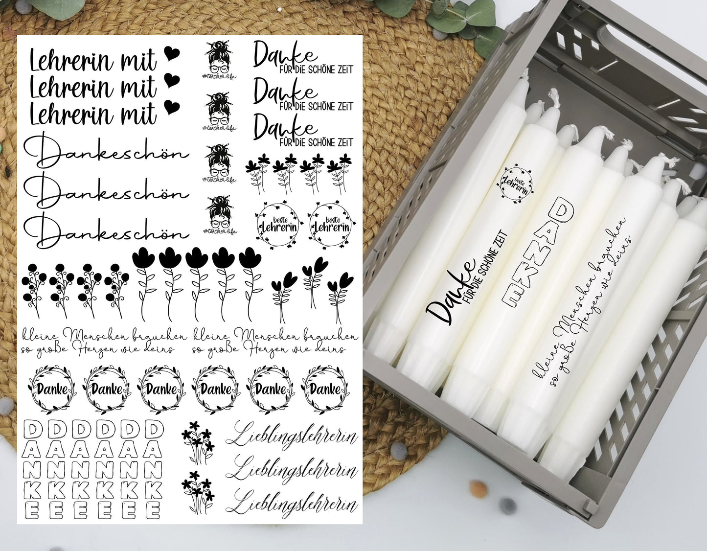 Kerzentattoos * Lehrerin mit Herz * A4 oder A5 * Danke * Wasserschiebefolie