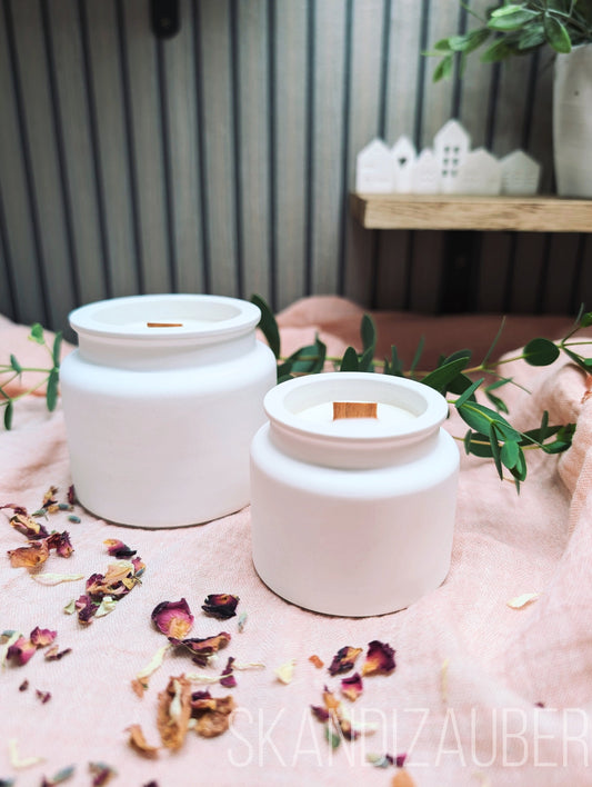 Kerze im Kerzenfass * handgegossen mit Holzdocht * SkandiZauber * Kerzenbehälter mit Deckel