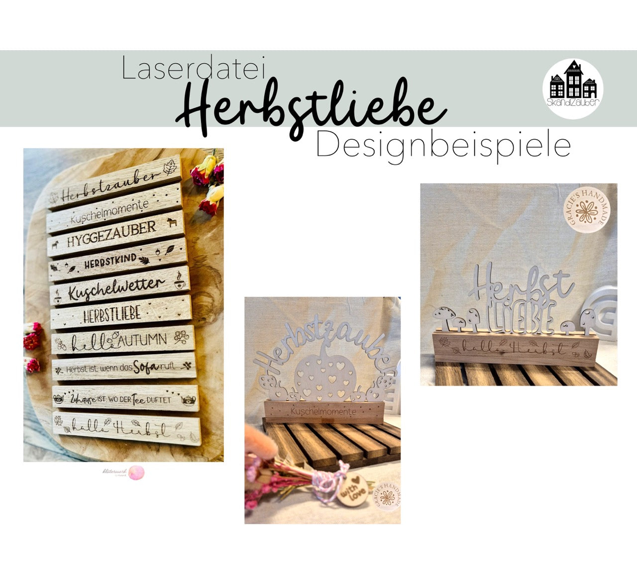 SVG Laserdatei „Herbstliebe“ – 10 Schriftzüge & 5 Einschieber | Gravur-Vorlage für Herbstdeko mit Holzklötzchen