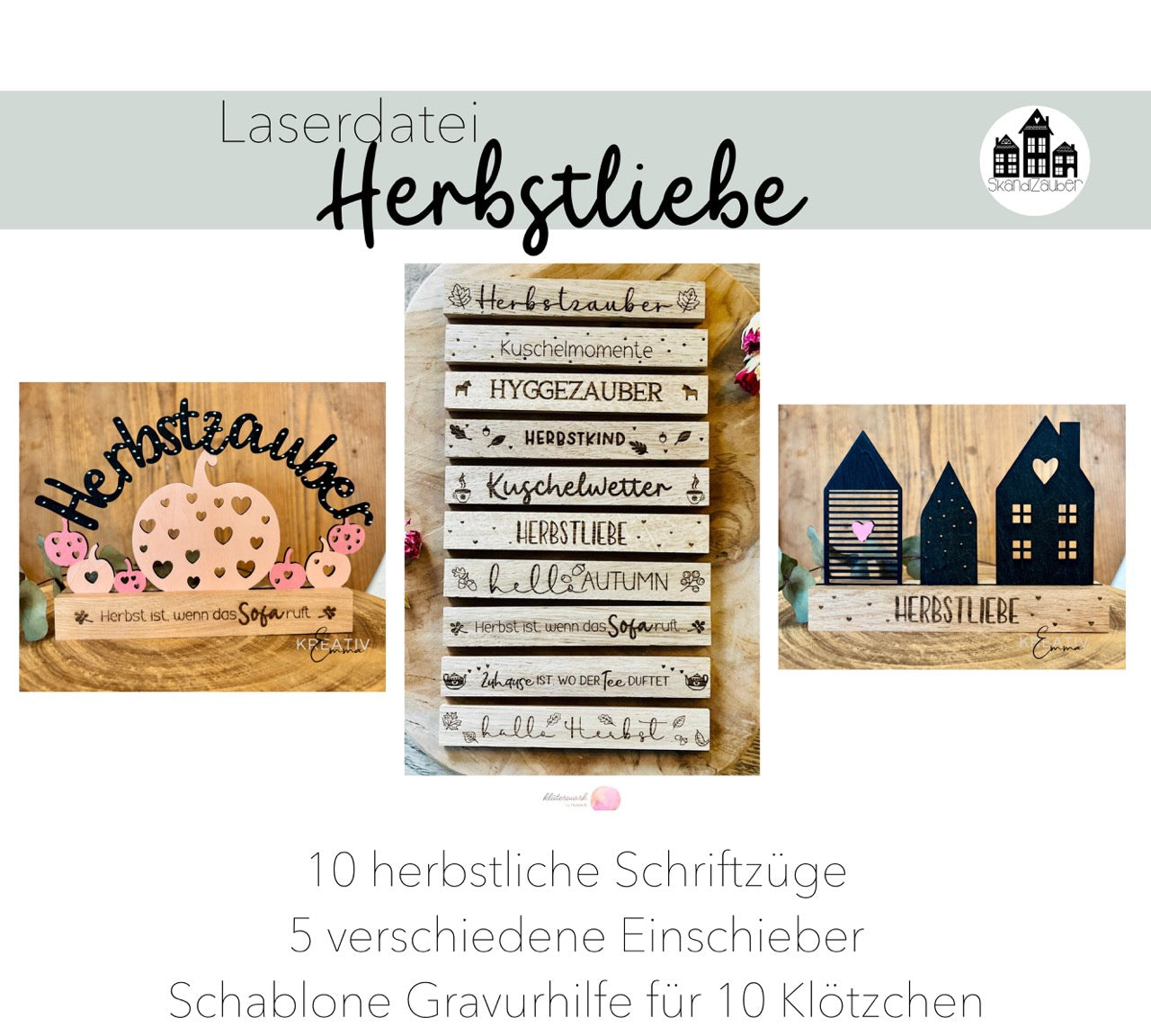 SVG Laserdatei „Herbstliebe“ – 10 Schriftzüge & 5 Einschieber | Gravur-Vorlage für Herbstdeko mit Holzklötzchen