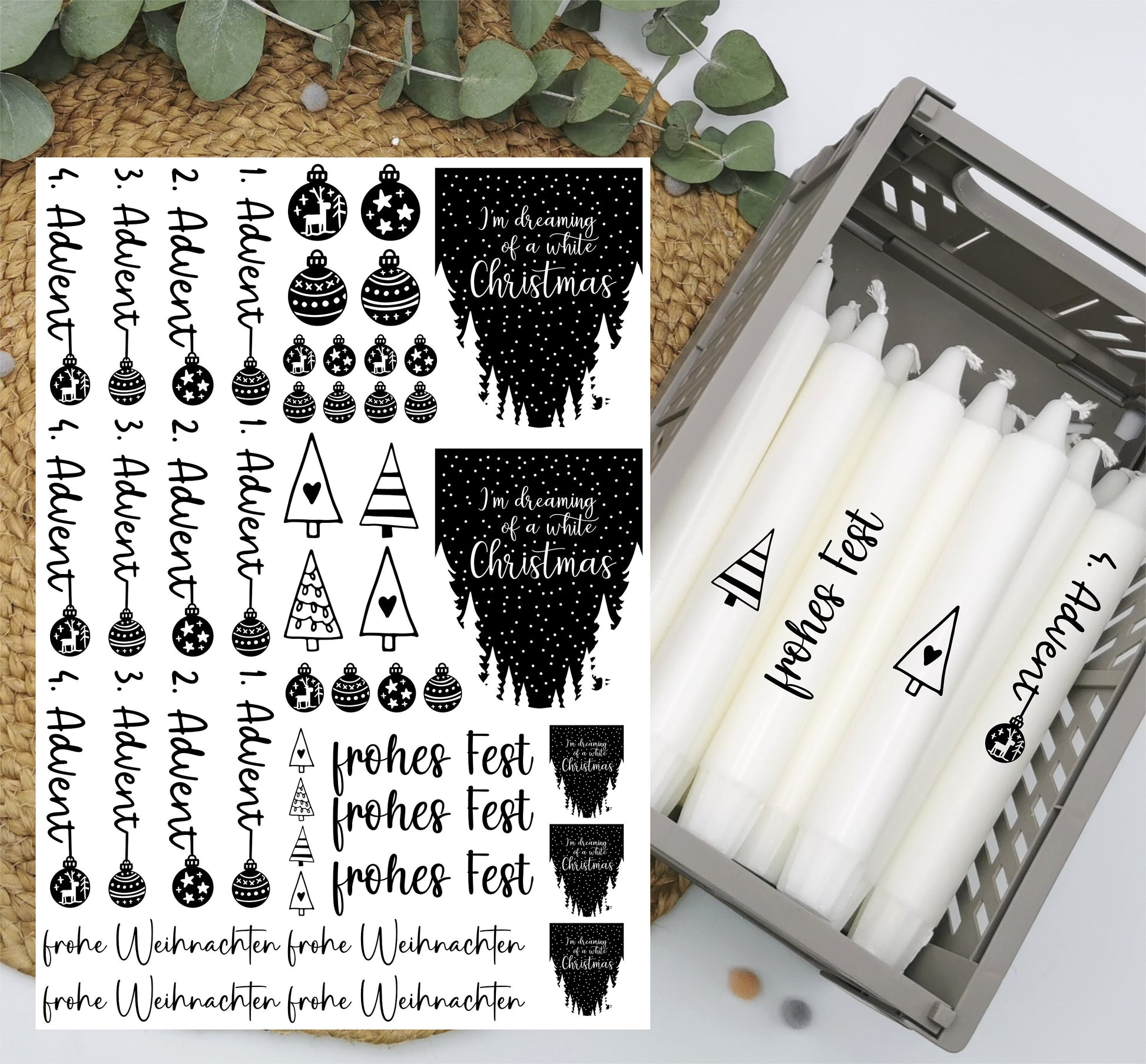 Advent Kerzentattoos A5 - Wasserschiebefolie für kreative Kerzen Verschönerungen. Ideal, wenn du Kerzentattoos kaufen möchtest!