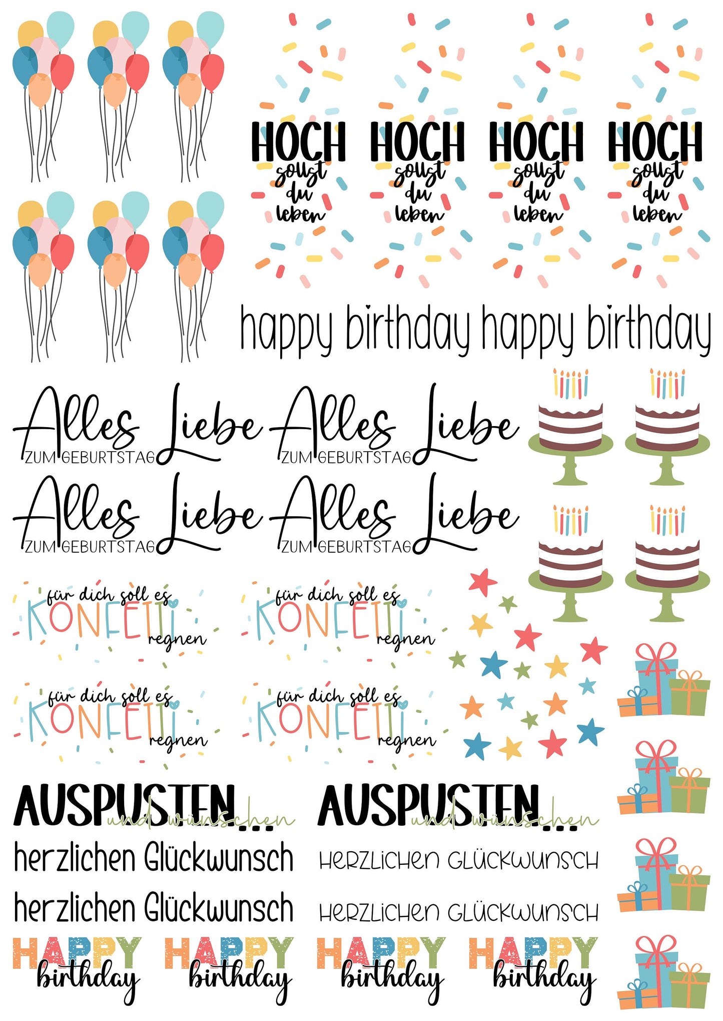 Geburtstag bunt * Kerzentattoos * A4 oder A5 * hoch sollst du leben * Wasserschiebefolie